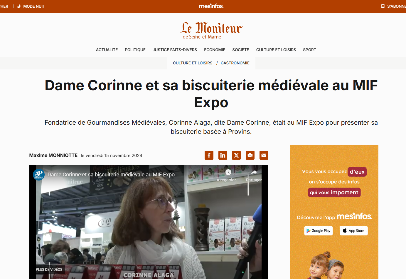 Article « Le Moniteur » : Dame Corinne et sa biscuiterie médiévale au MIF Expo